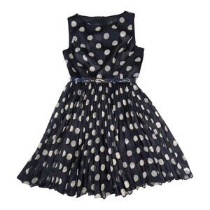 Adrianna Papell Dress Pleated Burnout Polka Dot Sleeveless Belt Navy Womens 6P
